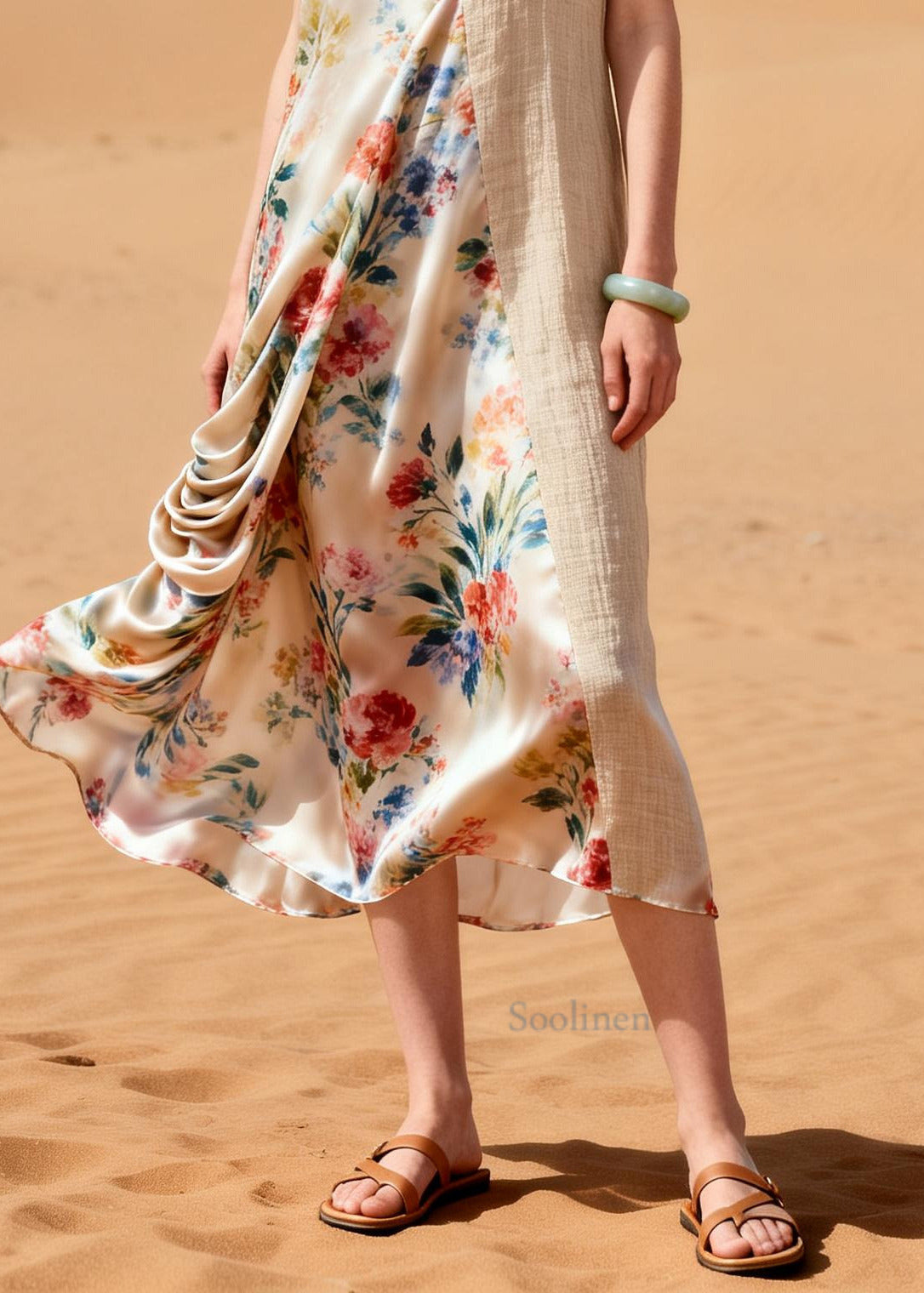 Beige Patchwork Linen Silk Dresses Asymmetrical Wrinkled Summer