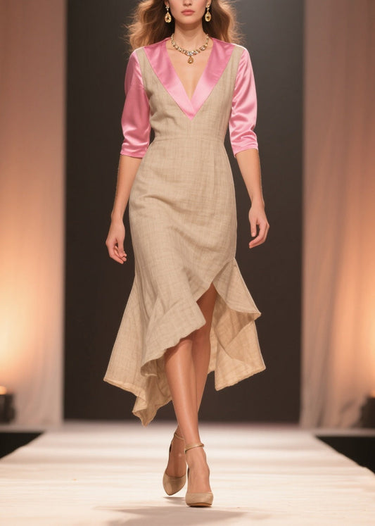 Beige Patchwork Linen Silk Dresses Ruffled Side Open Summer