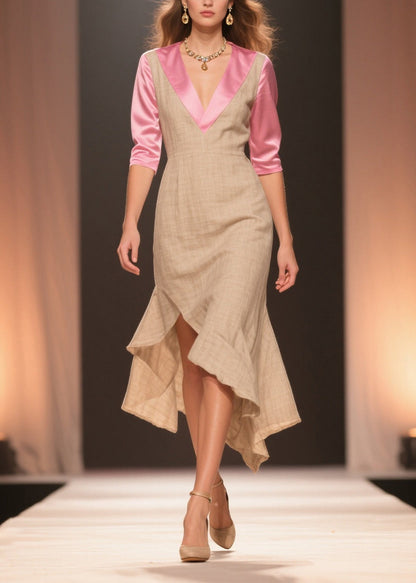 Beige Patchwork Linen Silk Dresses Ruffled Side Open Summer