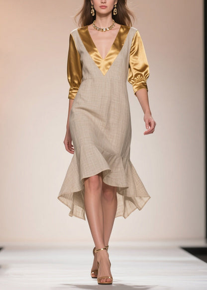 Beige Patchwork Linen Silk Fake Two Piece Dress Ruffles Summer