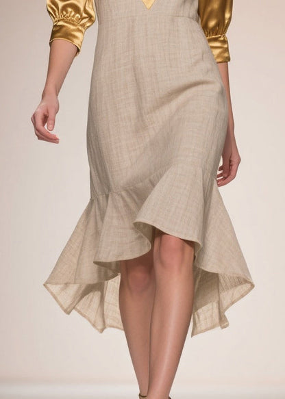 Beige Patchwork Linen Silk Fake Two Piece Dress Ruffles Summer