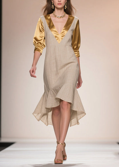 Beige Patchwork Linen Silk Fake Two Piece Dress Ruffles Summer