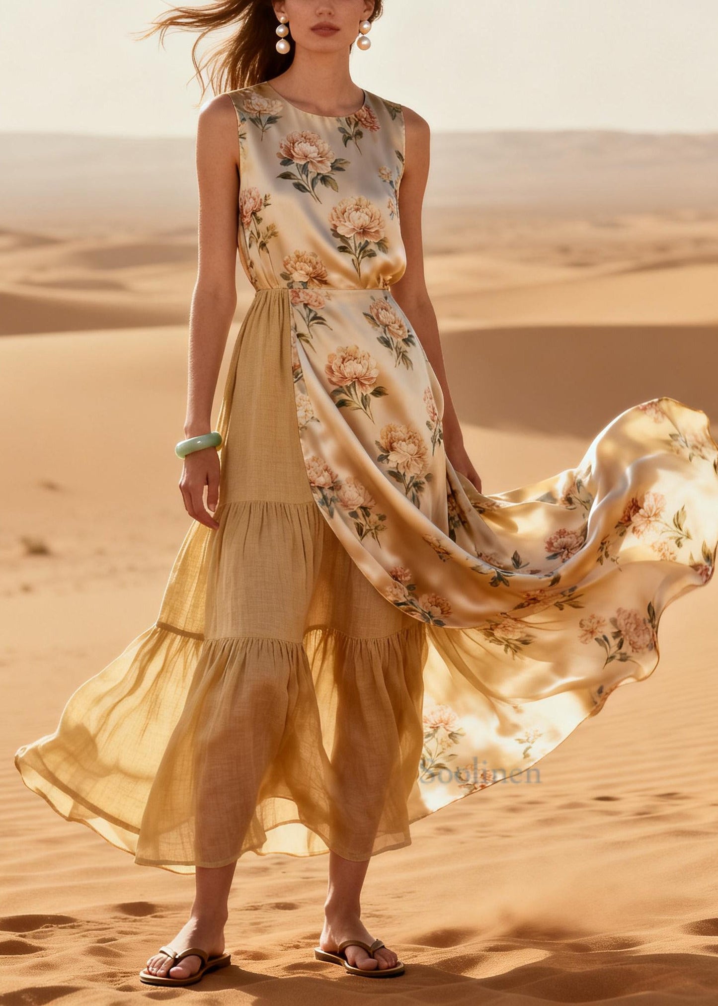 Beige Patchwork Linen Silk Vacation Dresses Asymmetrical Exra Large Hem Summer