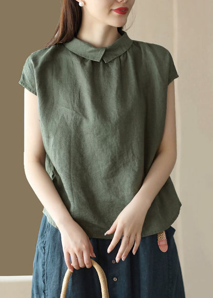 Beige Patchwork Leinen Tops Peter Pan Kragen Faltig Knopf Sommer