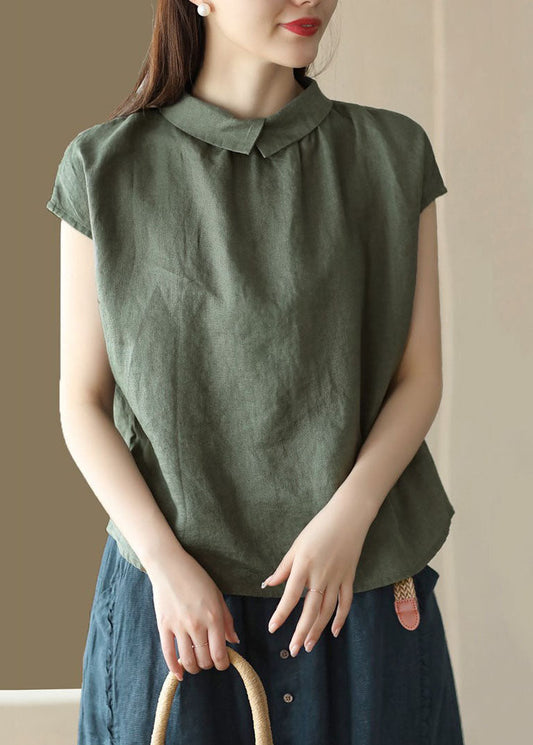 Beige Patchwork Leinen Tops Peter Pan Kragen Faltig Knopf Sommer