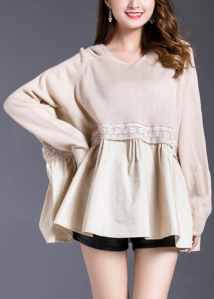 Beige Patchwork Knit Top Frühling