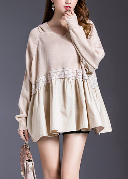 Beige Patchwork Knit Top Frühling