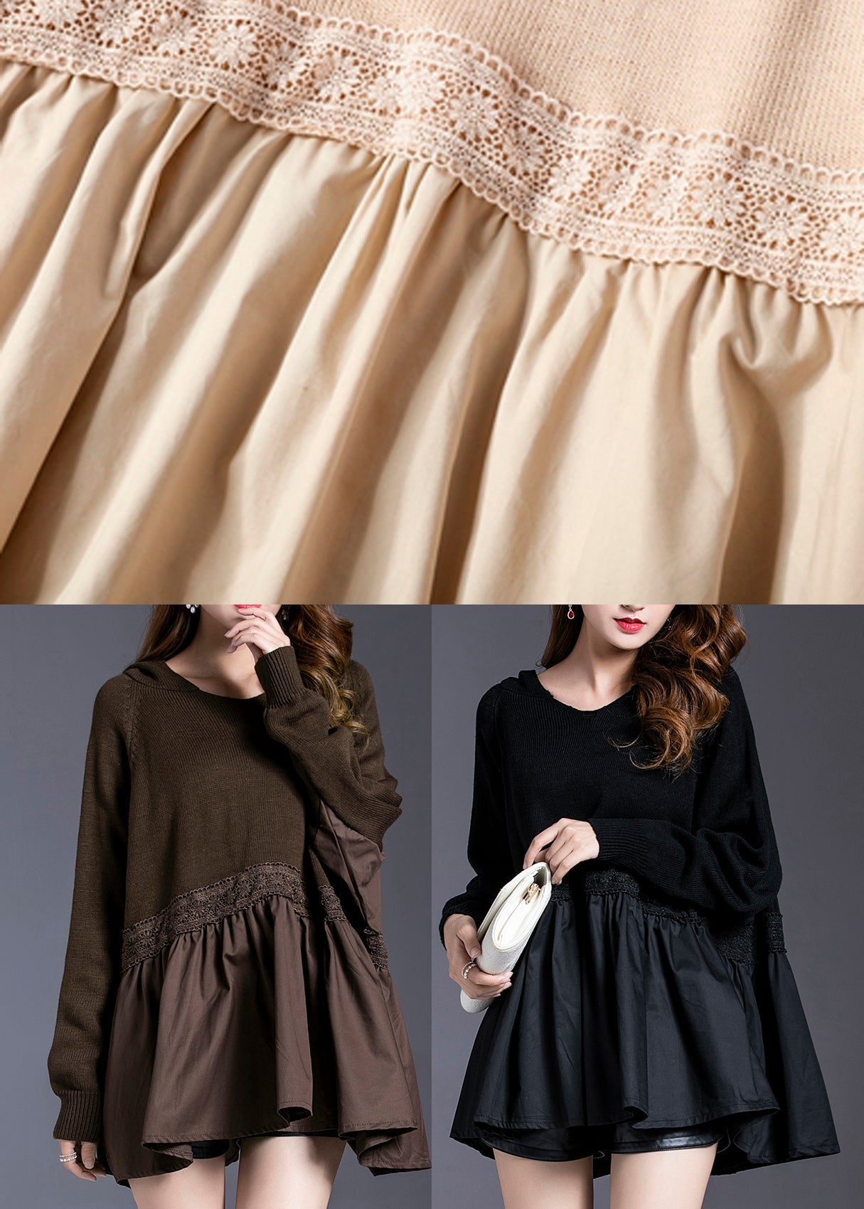 Beige Patchwork Knit Top Frühling