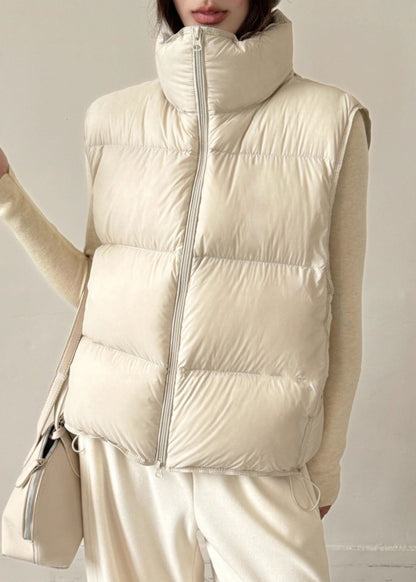 Beige Pockets Duck Down Waistcoat Stand Colla Sleeveless