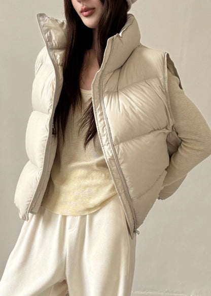 Beige Pockets Duck Down Waistcoat Stand Colla Sleeveless