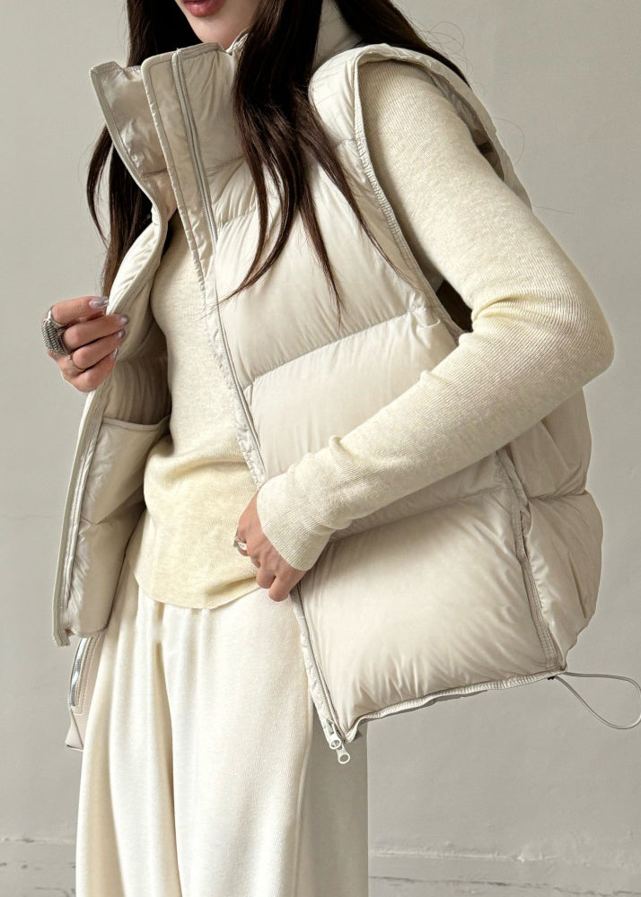 Beige Pockets Duck Down Waistcoat Stand Colla Sleeveless