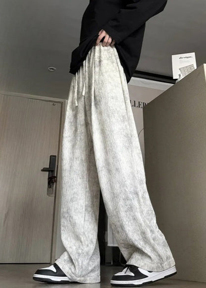 Beige Pockets Lace Up Cotton Men Wide Leg Pants Tie Dye