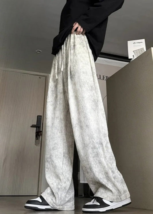 Beige Pockets Lace Up Cotton Men Wide Leg Pants Tie Dye