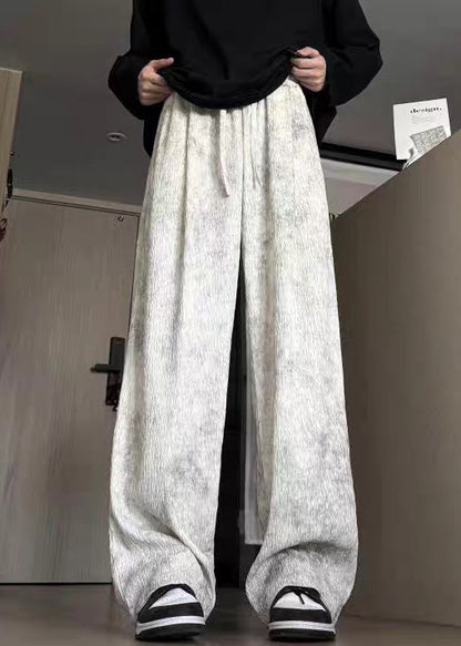 Beige Pockets Lace Up Cotton Men Wide Leg Pants Tie Dye