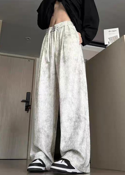 Beige Pockets Lace Up Cotton Men Wide Leg Pants Tie Dye