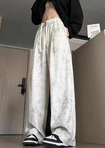 Beige Pockets Lace Up Cotton Men Wide Leg Pants Tie Dye