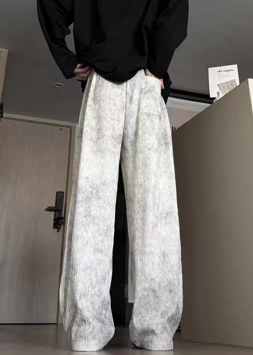 Beige Pockets Lace Up Cotton Men Wide Leg Pants Tie Dye