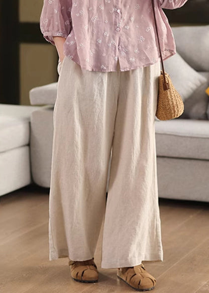 Beige Pockets Loose Linen Wide Leg Pants Elastic Waist Summer