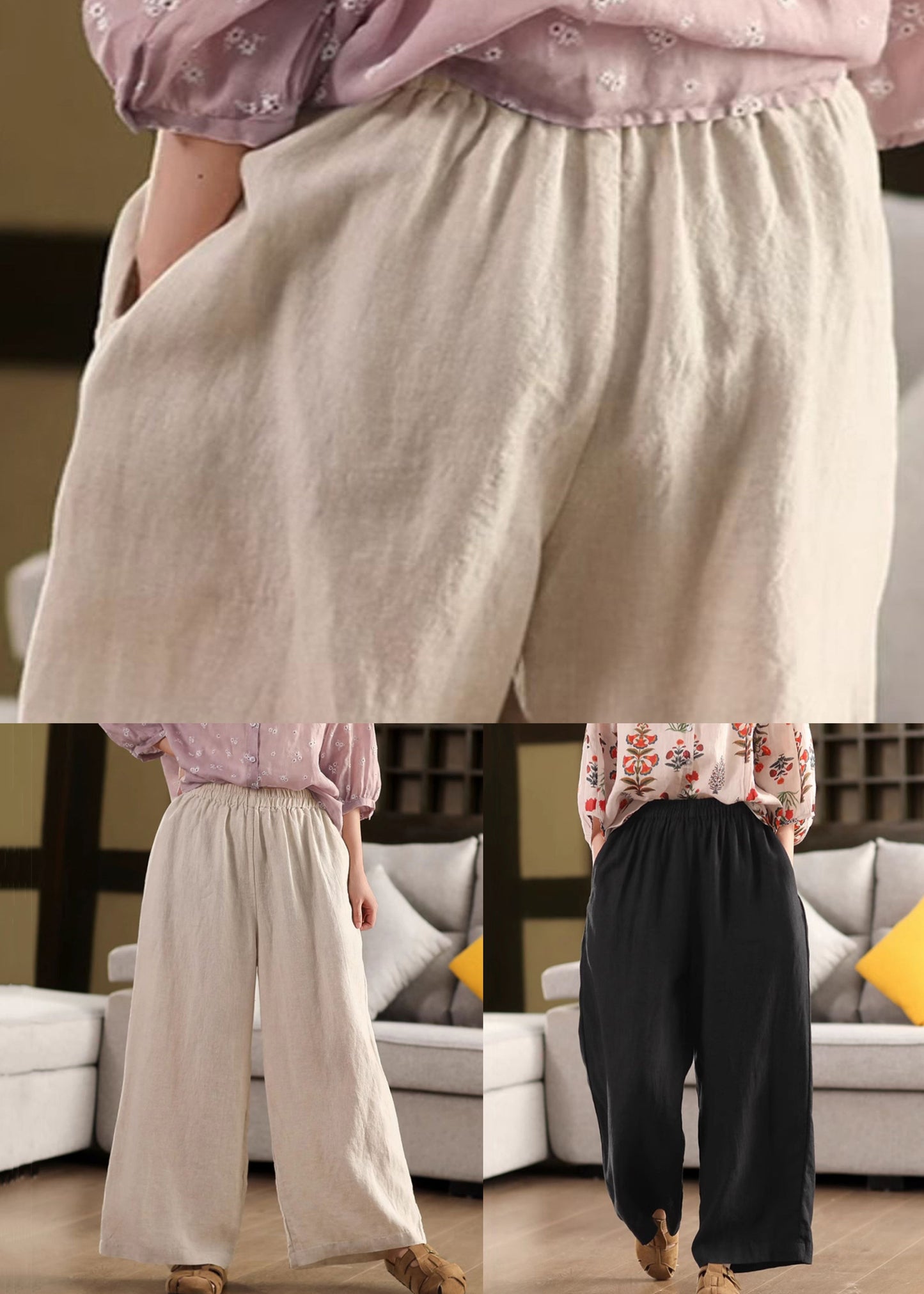 Beige Pockets Loose Linen Wide Leg Pants Elastic Waist Summer