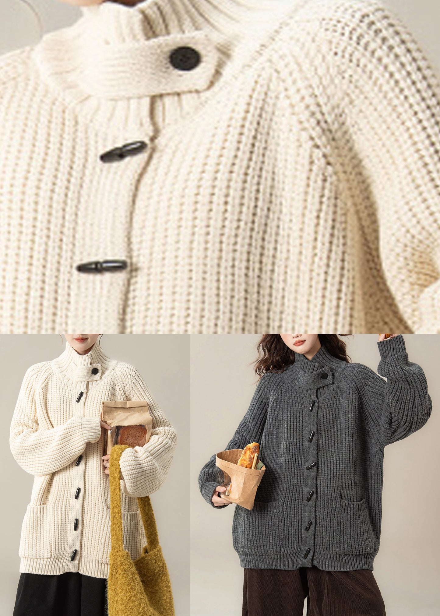 Beige Strickjacke aus einfarbigem Baumwollstrick mit Taschen und langen Ärmeln