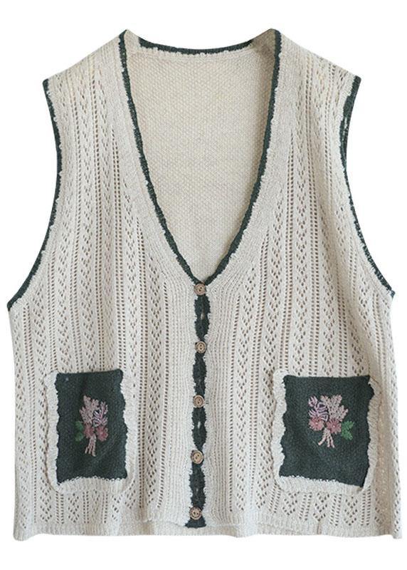 Beige Retro V Neck Fall Button Sleeveless Knit Vest - SooLinen
