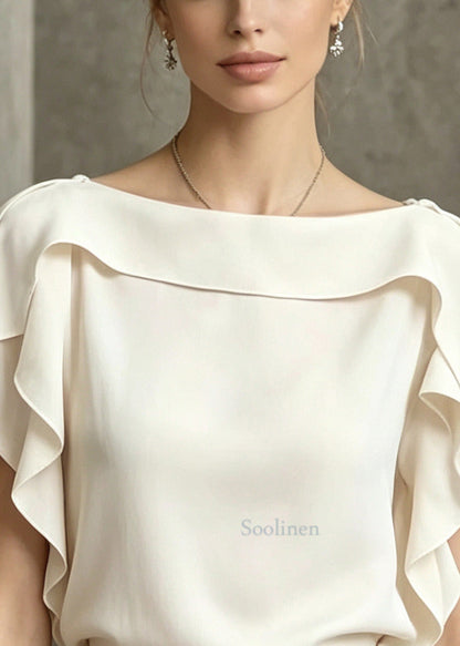 Beige Ruffled Cotton Blouses Slash Neck Summer