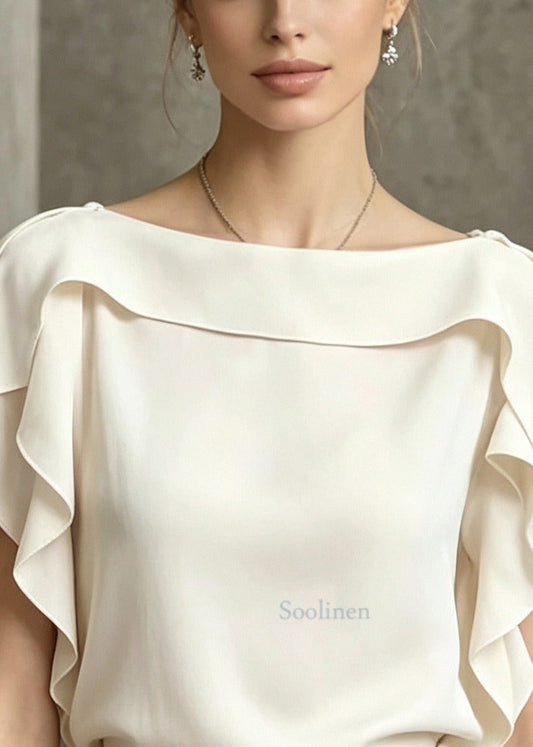 Beige Ruffled Cotton Blouses Slash Neck Summer