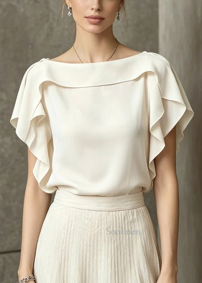 Beige Ruffled Cotton Blouses Slash Neck Summer