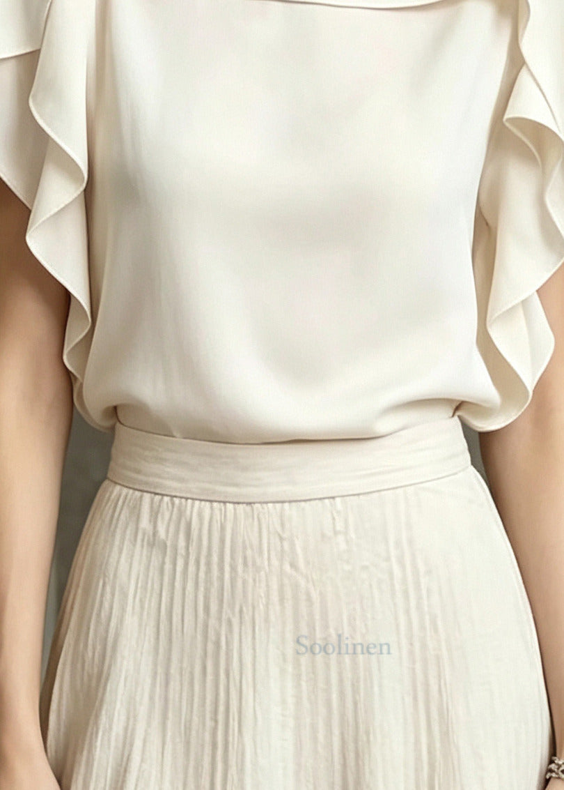 Beige Ruffled Cotton Blouses Slash Neck Summer
