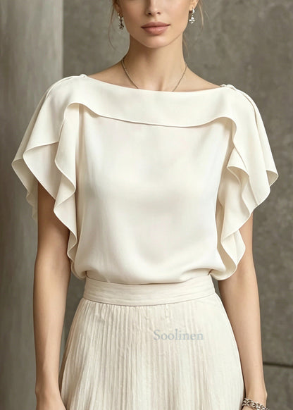 Beige Ruffled Cotton Blouses Slash Neck Summer