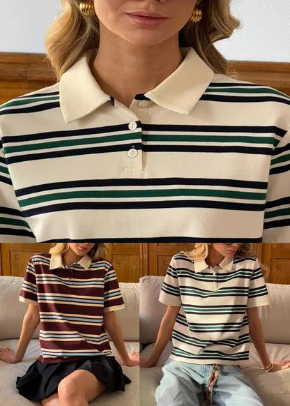 Beige Striped Button Cotton Summer T Shirt Peter Pan Collar