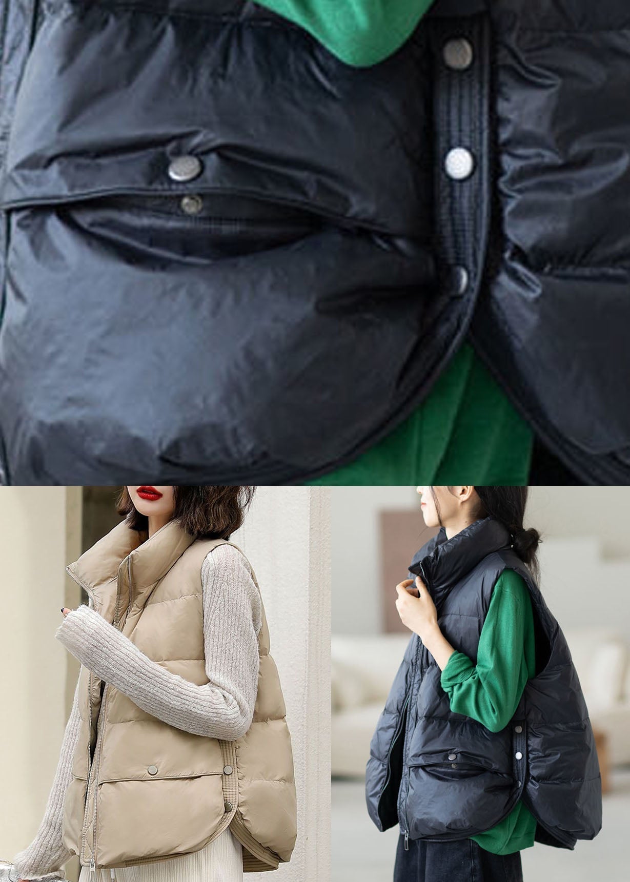 Beige Dicke Entendaunen Winterwesten Übergroße Reißverschluss