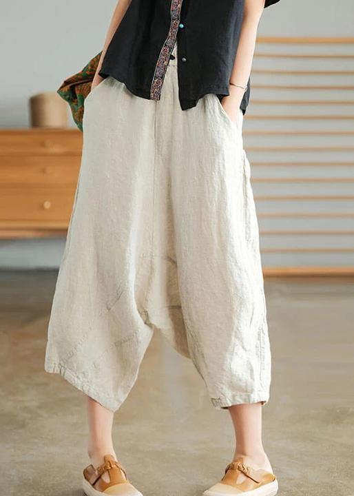 Beige Women Casual Solid Color Linen Pocket Pants - SooLinen