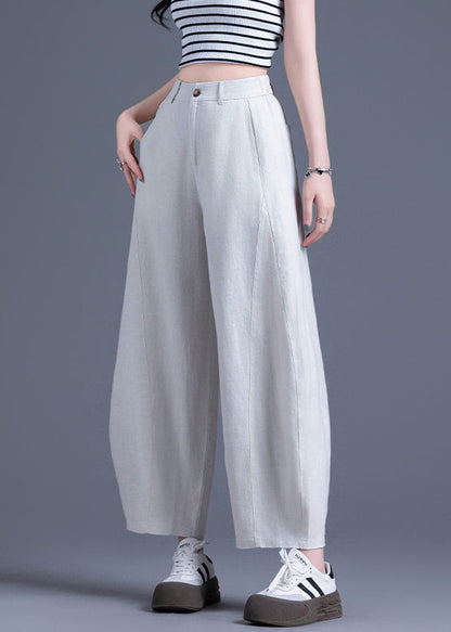 Beige Zippered Solid Elastic Waist Linen Wide Leg Pants