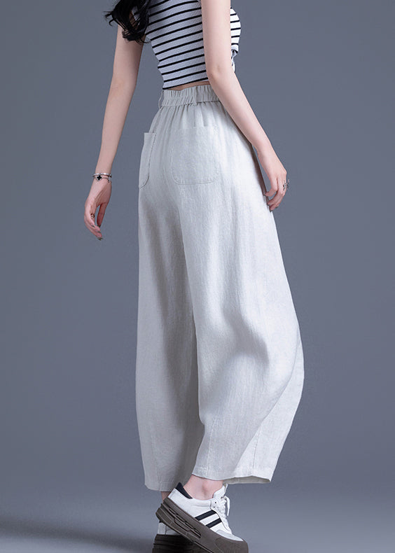 Beige Zippered Solid Elastic Waist Linen Wide Leg Pants