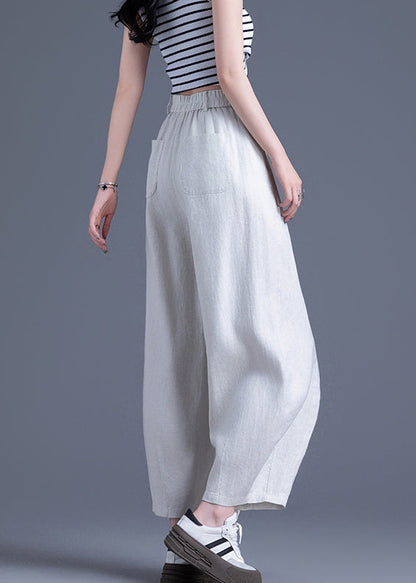 Beige Zippered Solid Elastic Waist Linen Wide Leg Pants