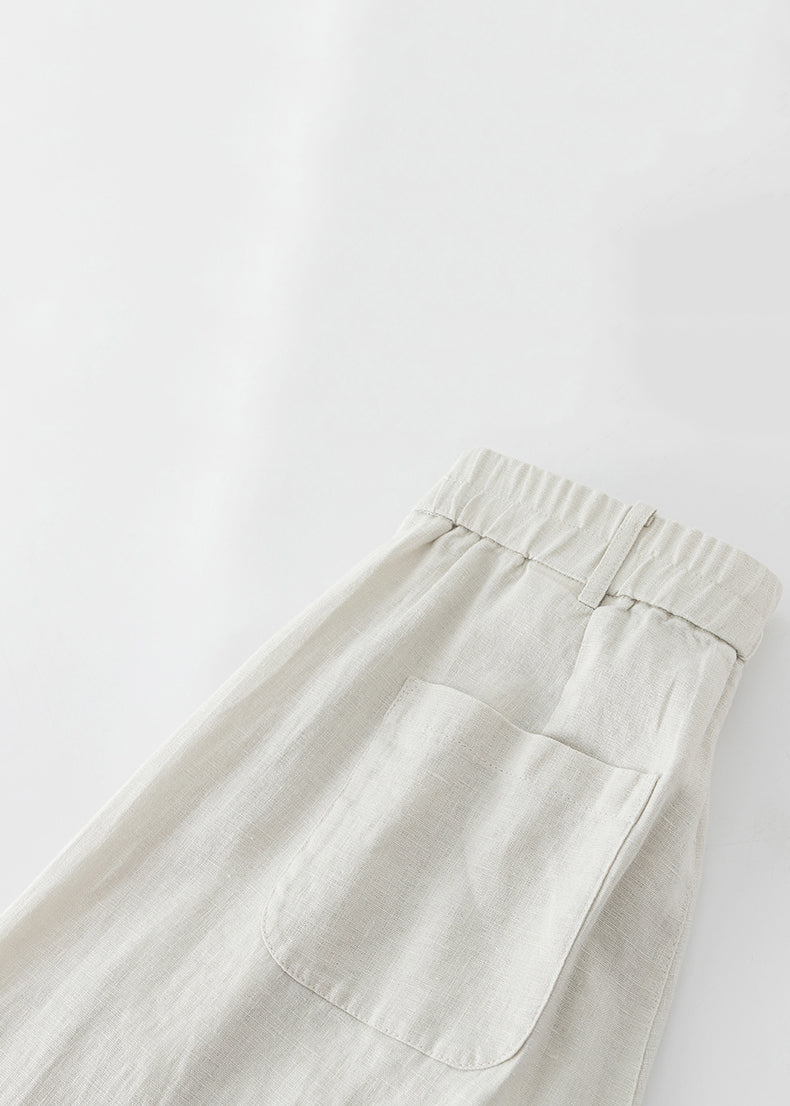 Beige Zippered Solid Elastic Waist Linen Wide Leg Pants