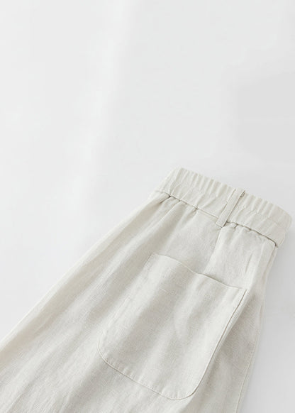 Beige Zippered Solid Elastic Waist Linen Wide Leg Pants