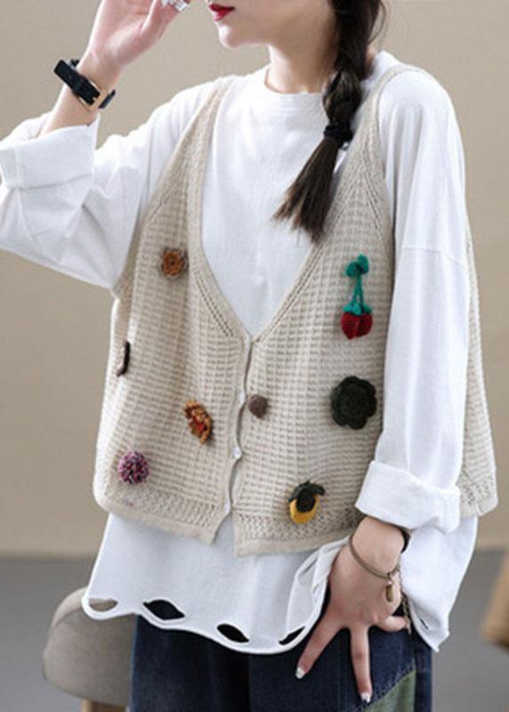 Beige V Neck Fall Button Sleeveless Knit Vest - SooLinen