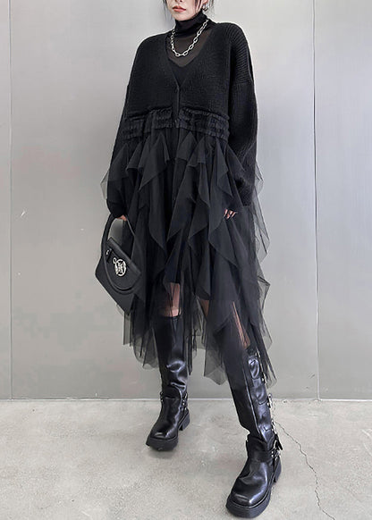 Black Asymmetrical Button Tulle Patchwork Cardigans Dress V Neck
