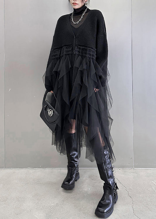 Black Asymmetrical Button Tulle Patchwork Cardigans Dress V Neck