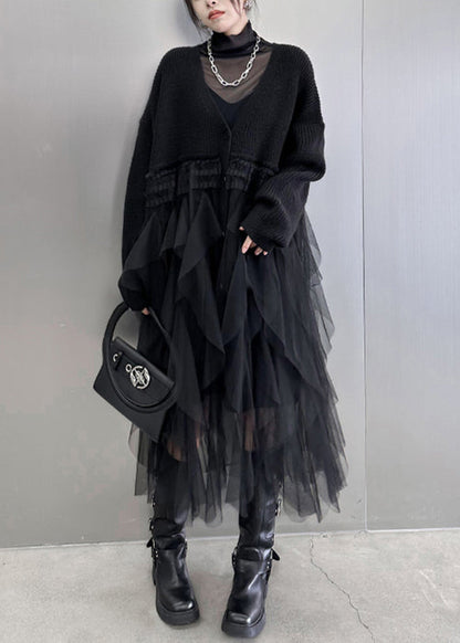 Black Asymmetrical Button Tulle Patchwork Cardigans Dress V Neck