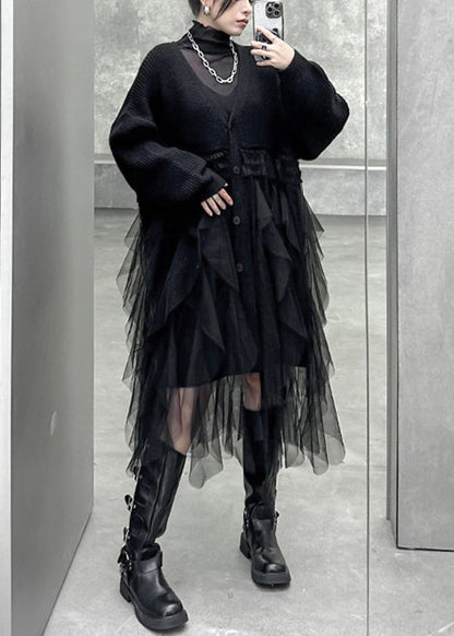Black Asymmetrical Button Tulle Patchwork Cardigans Dress V Neck