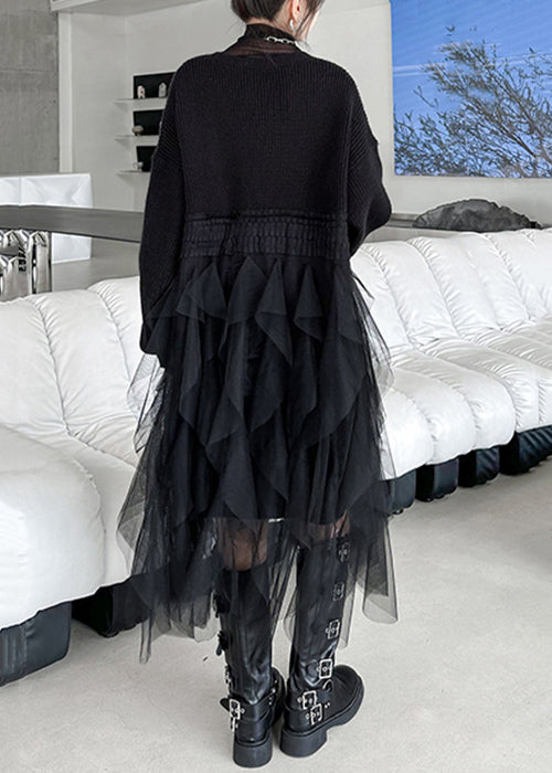 Black Asymmetrical Button Tulle Patchwork Cardigans Dress V Neck