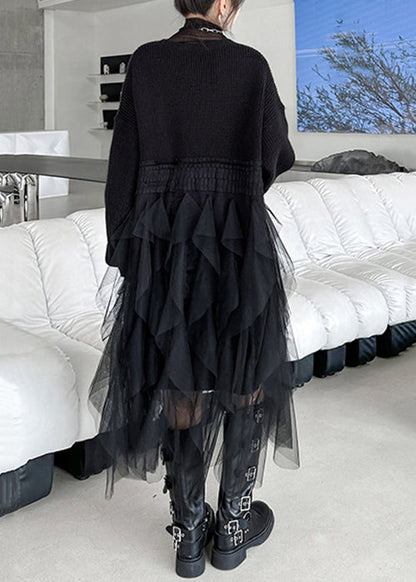Black Asymmetrical Button Tulle Patchwork Cardigans Dress V Neck