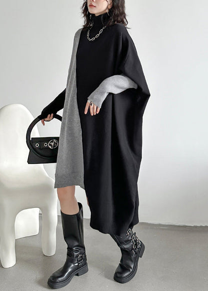Schwarzes asymmetrisches Patchwork-Strickkleid mit Rollkragen für den Winter