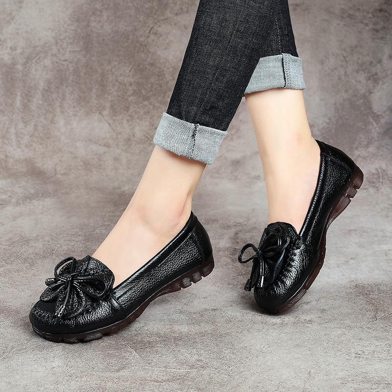 Black Bow Flat Shoes Genuine Leather Handmade  Flat Shoes - SooLinen