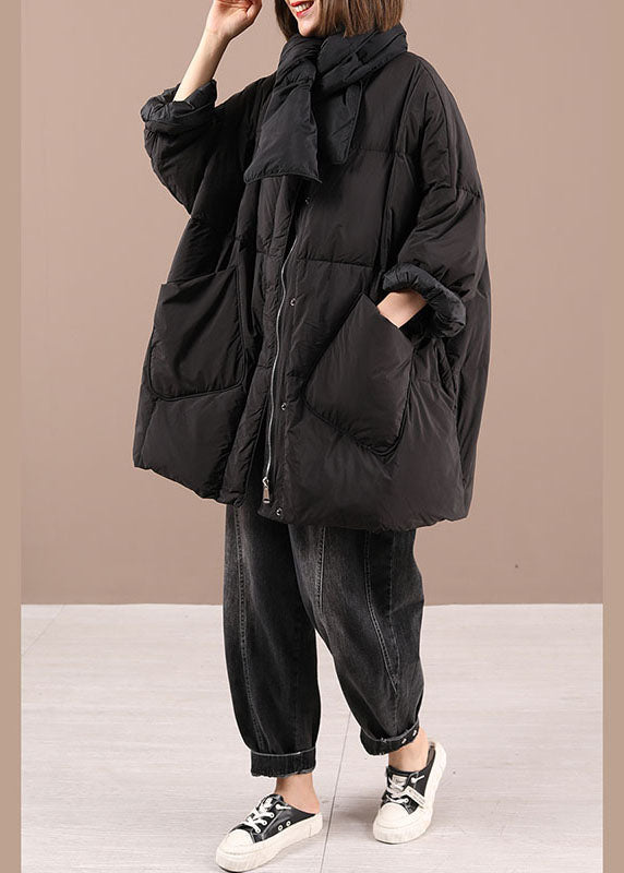 Black Bow Pockets zippered Winter Duck Down Coat Long Sleeve