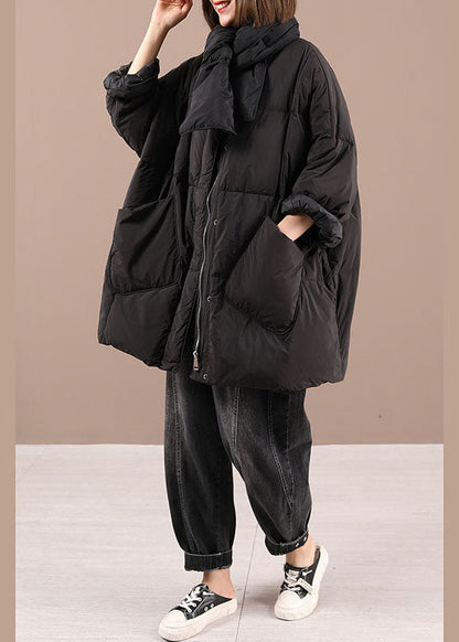 Black Bow Pockets zippered Winter Duck Down Coat Long Sleeve