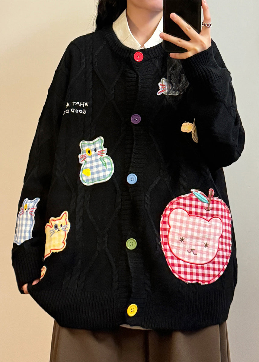 Black Button Applique Plaid Knit Coats O Neck Spring